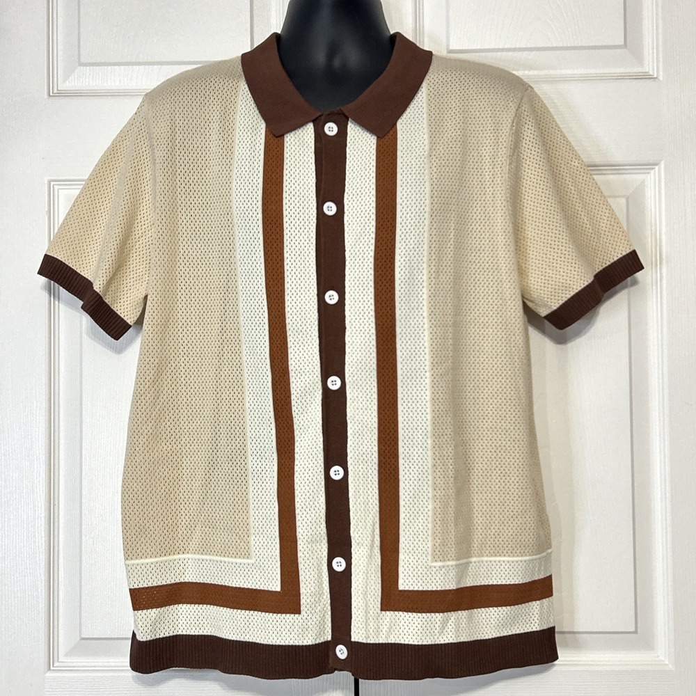 PJ Paul Jones Contrast 70s Vintage Short Sleeve Open Knit Shirt Preppy Grandpa L